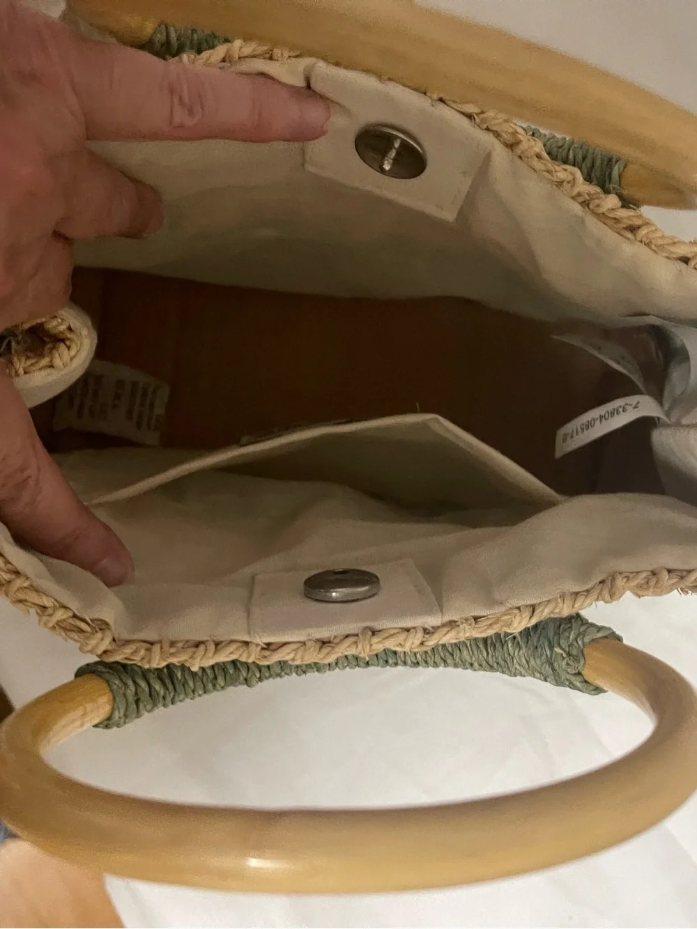 Woven Two-Tone Straw Tote Bag with Wooden Handles - Olive & Natural